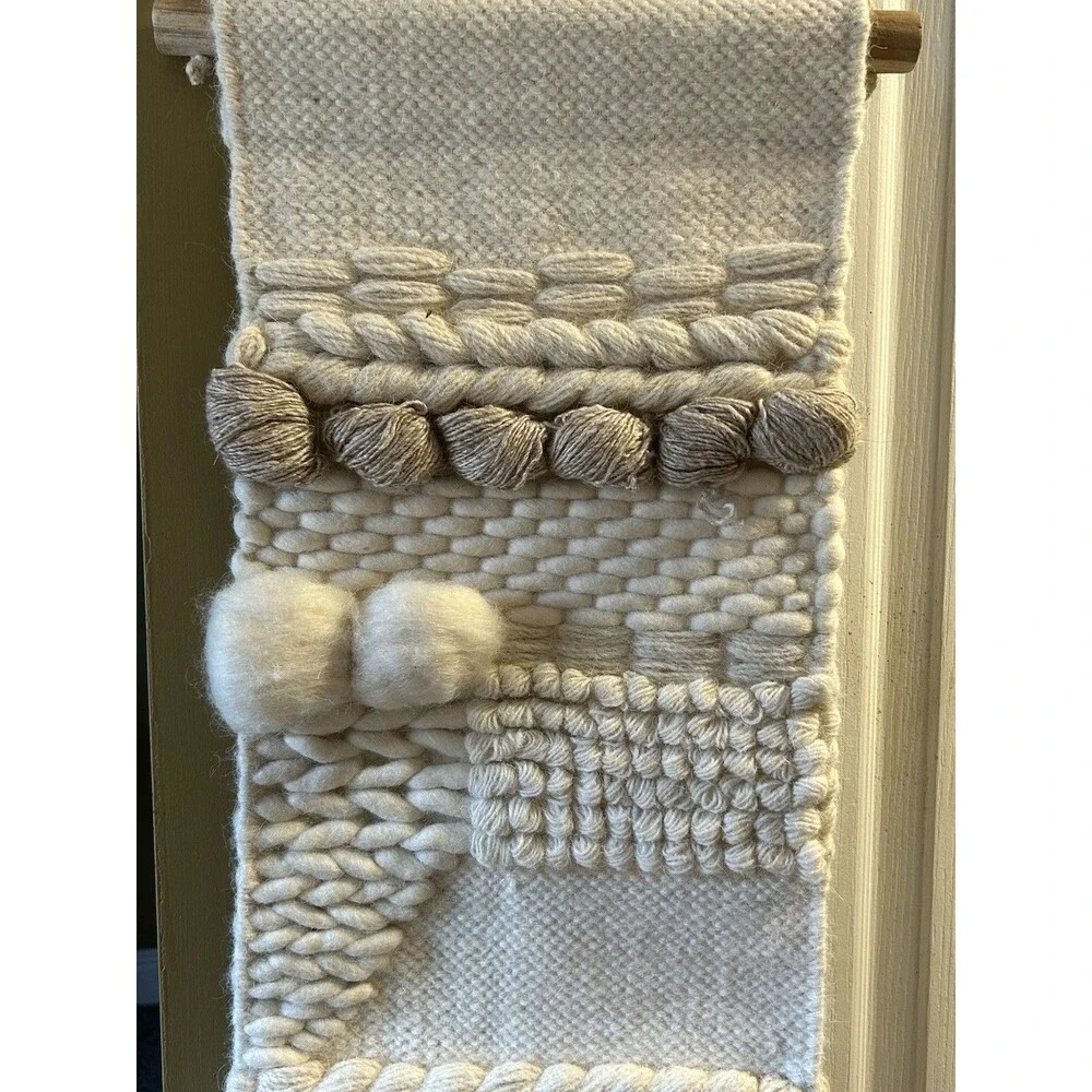 Surya Kamal Ivory Woven Wall Hanging Art Wool Blend 10” x 56” Wood Rod Boho